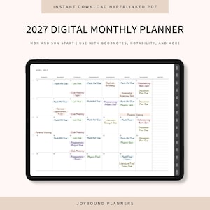 Cyfrowy planer na rok 2027, cyfrowy szablon miesięcznego planera dla GoodNotes, Notability, iPada, tabletu (natychmiastowe pobranie pliku PDF)