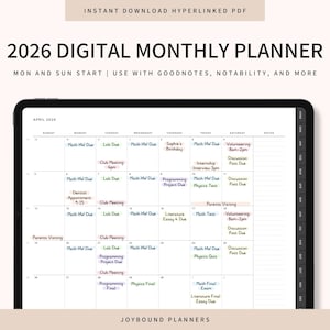 May include: A digital monthly planner for 2026 displayed on a tablet. The planner shows the month of April with various appointments and tasks. Text at the top reads "2026 DIGITAL MONTHLY PLANNER". The planner is designed to be used with Goodnotes, Notability, and more.