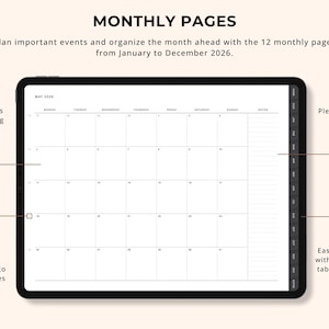 May include: A digital planner on a black tablet, displaying a May 2026 monthly calendar. The screen features large planning boxes and space for notes. Text reads "MONTHLY PAGES" and "Plan important events...from January to December 2026."