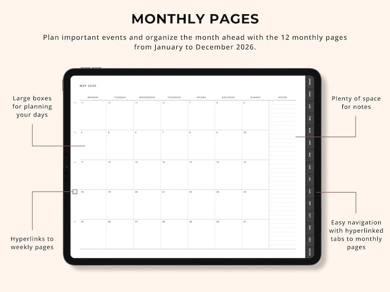 May include: A digital planner on a black tablet, displaying a May 2026 monthly calendar. The screen features large planning boxes and space for notes. Text reads "MONTHLY PAGES" and "Plan important events...from January to December 2026."