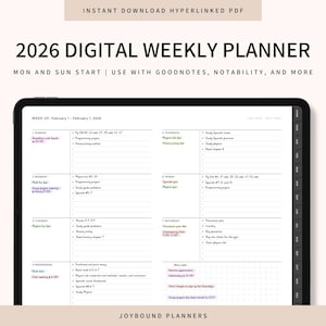 Peut inclure: Un planificateur hebdomadaire numérique pour 2026 affiché sur une tablette. Le planificateur est conçu pour être utilisé avec GoodNotes, Notability, et plus. L'écran affiche une mise en page hebdomadaire avec des horaires quotidiens et des listes de tâches.