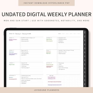 Könnte beinhalten: Eine undatierte digitale Wochenplaner-Vorlage im Schwarzweiß-Design. Der Planer umfasst die Woche vom 2. bis 8. Februar 2025. Er ist für die Verwendung mit Goodnotes, Notability und anderen Notiz-Apps konzipiert.