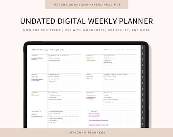Undated Weekly Digital Planner, Minimalist Planning Template for Goodnotes, Notability, and More (Hyperlinked PDF)