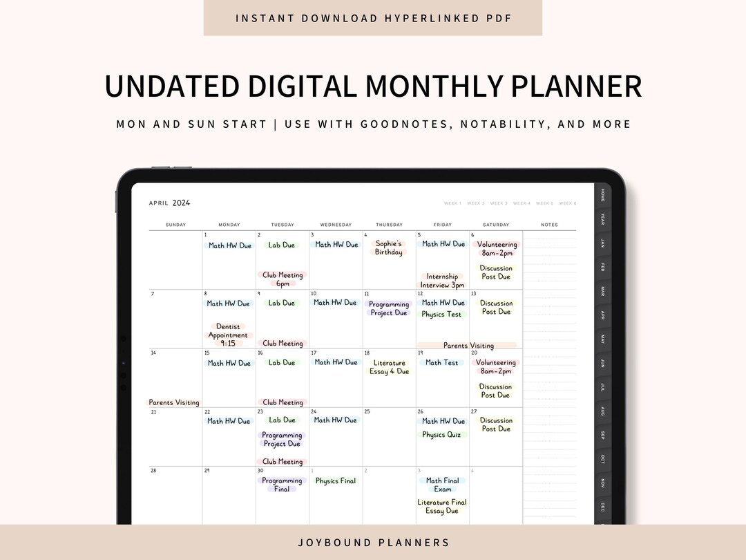 Undated Digital Monthly Planner, Goodnotes Notability Compatible ...