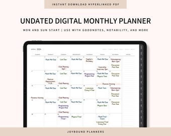 Undated Digital Monthly Planner, GoodNotes Notability Compatible (Hyperlinked PDF)