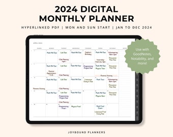 2024 Digital Monthly Planner, Monday and Sunday Start, Landscape Orientation, Dated, GoodNotes Planner, Notability Planner, iPad Planner