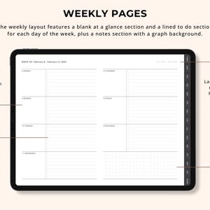 May include: Digital planner page showing a weekly layout with sections for each day, a blank section, and a to-do section. It also features a notes section with a graph background and hyperlinks.