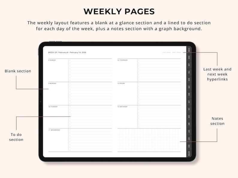 May include: Digital planner page showing a weekly layout with sections for each day, a blank section, and a to-do section. It also features a notes section with a graph background and hyperlinks.
