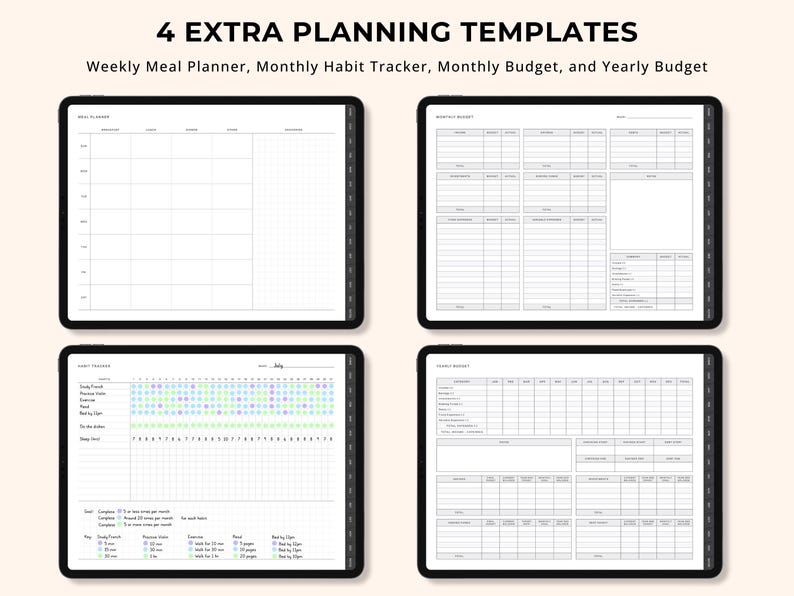 May include: Four digital planning templates shown on black tablets. The templates include a weekly meal planner, a monthly habit tracker, a monthly budget, and a yearly budget. The text "4 EXTRA PLANNING TEMPLATES" is at the top.