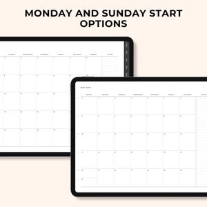May include: Two black tablets showing a digital calendar for May 2024. The calendar grid is white with black text, displaying days of the week and dates. The text "MONDAY AND SUNDAY START OPTIONS" is at the top.