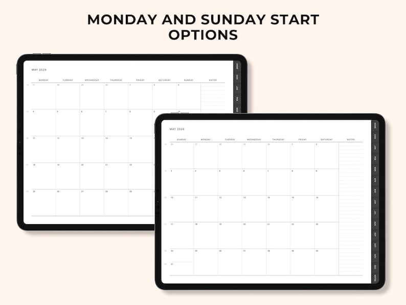 May include: Two black tablets showing a digital calendar for May 2024. The calendar grid is white with black text, displaying days of the week and dates. The text "MONDAY AND SUNDAY START OPTIONS" is at the top.
