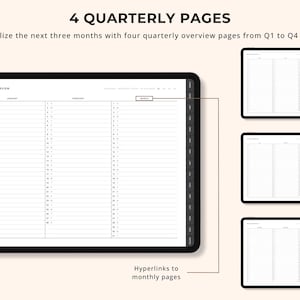 May include: A digital planner with four quarterly overview pages from Q1 to Q4 2026. The text "4 QUARTERLY PAGES" is at the top. The planner has hyperlinks to monthly pages. The planner is displayed on a black tablet.