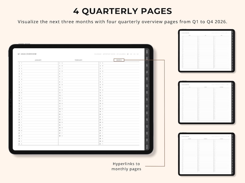 May include: A digital planner with four quarterly overview pages from Q1 to Q4 2026. The text "4 QUARTERLY PAGES" is at the top. The planner has hyperlinks to monthly pages. The planner is displayed on a black tablet.