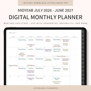 Op de afbeelding: Een digitale maandplanner op een tablet, van juli 2026 tot juni 2027. Het scherm toont een kalender van april 2027 met dagelijkse vermeldingen. De tekst bovenaan luidt "Directe download Hyperlinked PDF" en "Digitale maandplanner."
