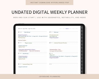 Undated Digital Weekly Planner, GoodNotes Notability Compatible (PDF)
