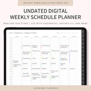 Op de afbeelding: Een niet-gedateerde digitale weekplanner met een zwart-wit ontwerp. De planner heeft een rasterindeling met kolommen voor elke dag van de week. De planner is ontworpen om te worden gebruikt met Goodnotes, Notability en andere notitie-apps. De planner bevat de tekst "WEEK OF: September 1st - September 7th 2024".