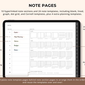 May include: Digital planner on a tablet screen, with 10 hyperlinked note sections and 24 templates, including blank, lined, graph, and dot grid. The screen shows sections for goals, meal planning, habits, and budget. Includes 4 extra planning templates.