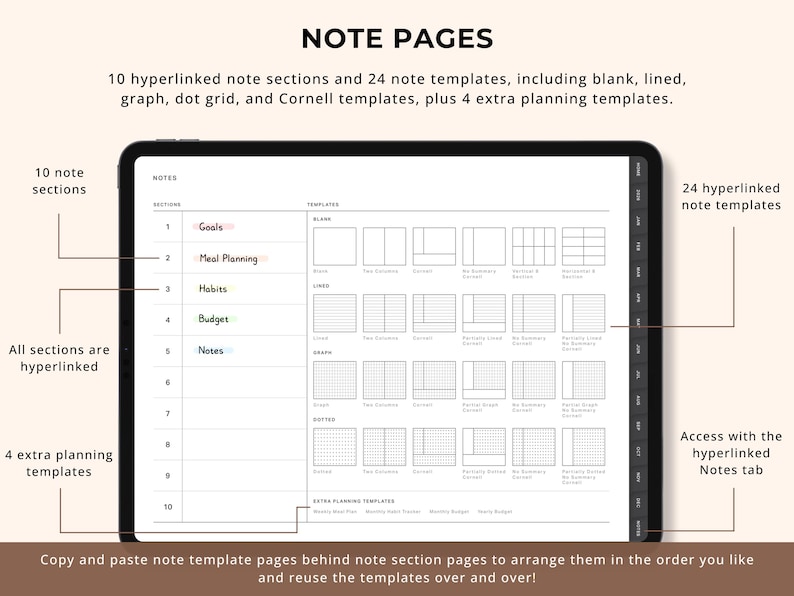 May include: Digital planner on a tablet screen, with 10 hyperlinked note sections and 24 templates, including blank, lined, graph, and dot grid. The screen shows sections for goals, meal planning, habits, and budget. Includes 4 extra planning templates.