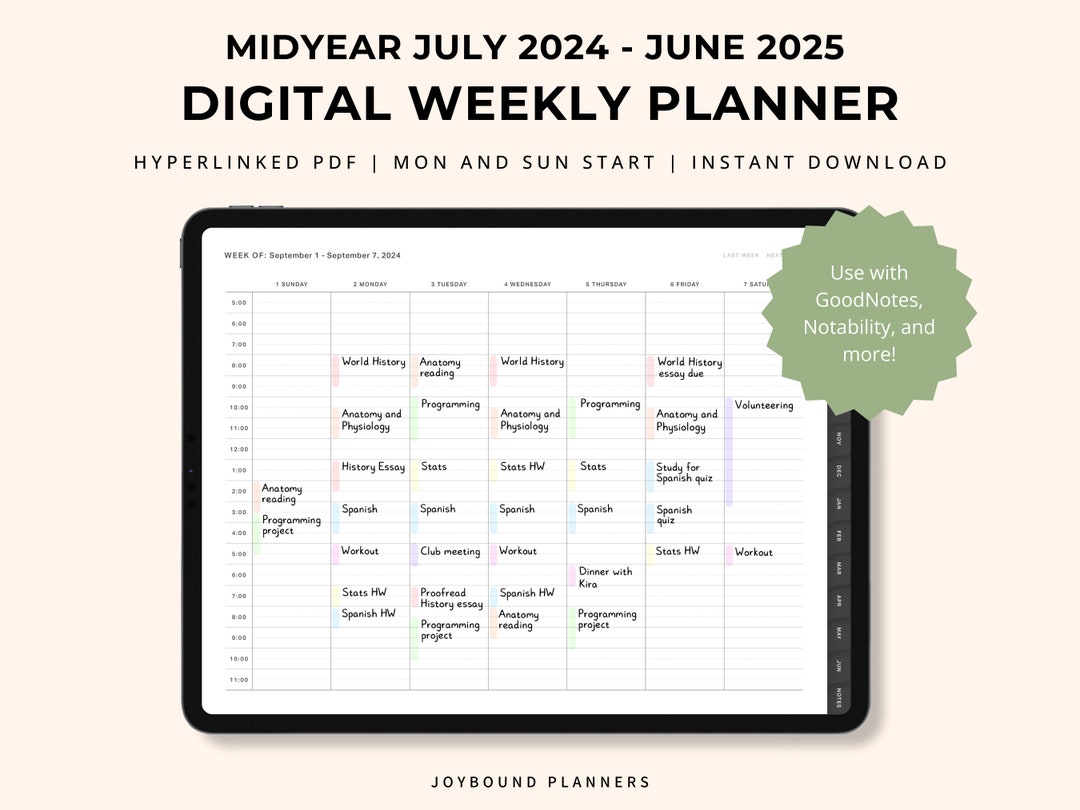 Midyear 2024 2025 Digital Planner Weekly Half Hour Schedule Academic ...