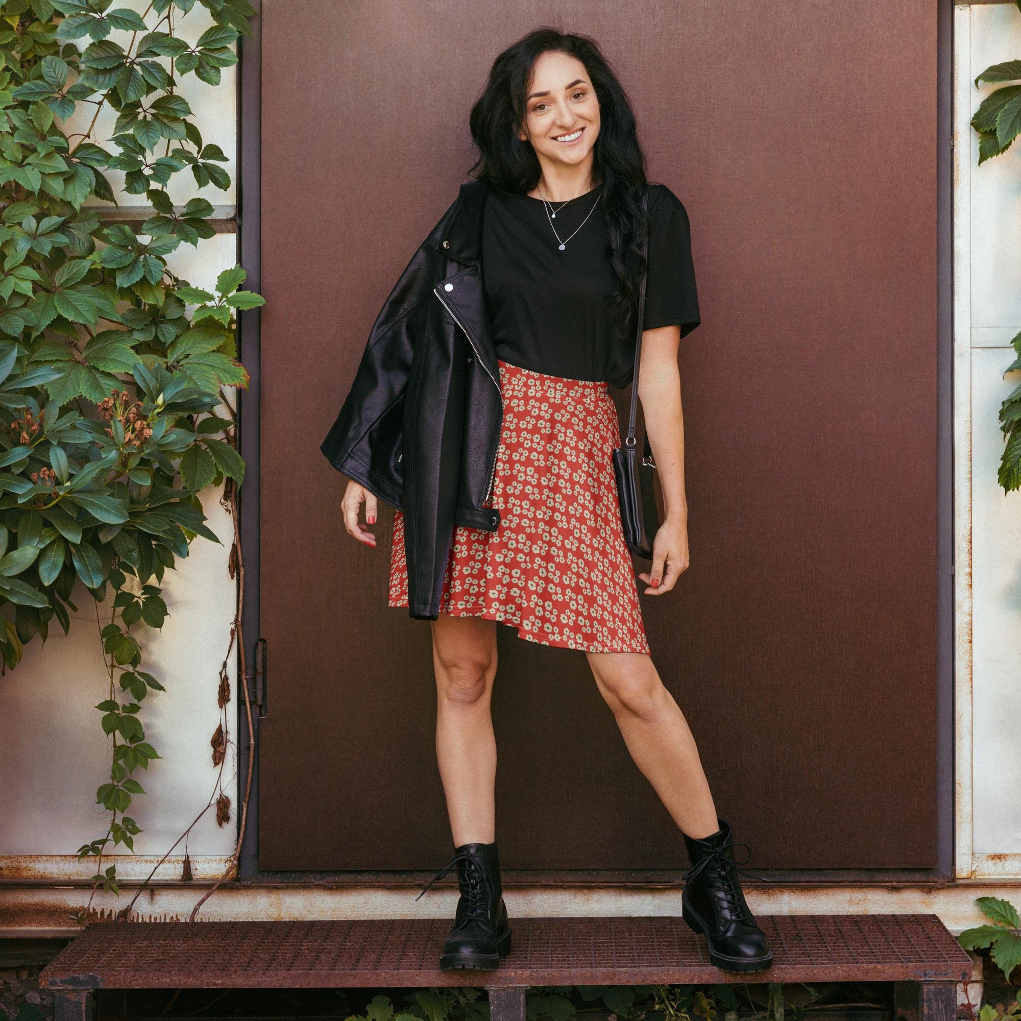 Black and red floral skater skirt discount