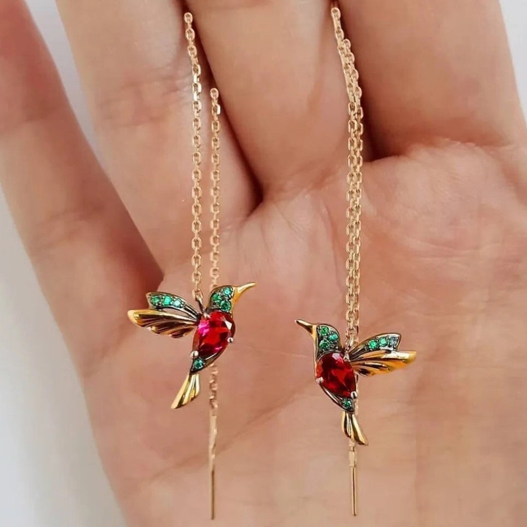 Hummingbird Dangle Earrings, Novelty Earrings, Bird Threader Earrings