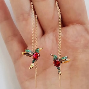 Hummingbird Dangle Earrings, Novelty Earrings, Bird Threader Earrings, Gifts for Her, Whimsical Jewelry, Bird Lover, Valentine's Day Gift