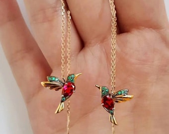 Hummingbird Dangle Earrings, Novelty Earrings, Bird Threader Earrings, Gifts for Her, Whimsical Jewelry, Bird Lover, Valentine's Day Gift