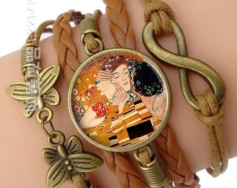 The Kiss Klimt Infinity Art Leather Charm Bracelet, Gift for Valentine