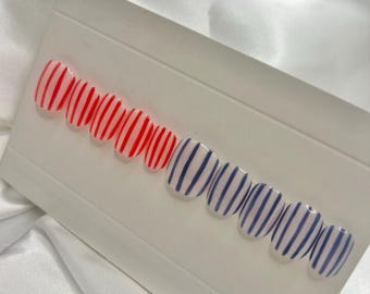 Luxury Hand Painted Press On Nails Red & Blue Striped 4th Of July