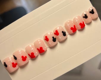 Luxury Hand Painted Press On Nails Disney Minnie Mouse Mickey Mouse Black & Red - Disney Collection