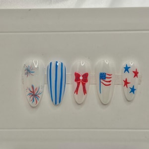 Luxury Hand Painted Press On Nails Red White Blue Bow Stars Stripes 4th Of July
