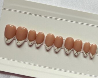 Luxury Hand Painted Press On Nails French Tip Gold Bows