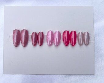 Luxury Hand Painted Press On Nails Shades of Pink Chrome