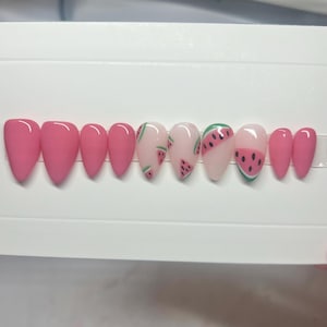 Luxury Hand Painted Press On Nails Pink Watermelon