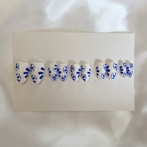 Luxury Hand Painted Press On Nails Blue Greece