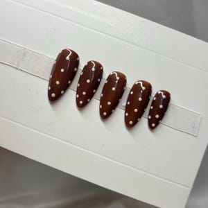 Luxury Hand Painted Press On Nails Chocolate Brown Cream Polka Dots