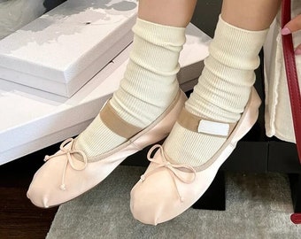 Satin Round Toe Ballerinas | Pink White Black Foldable Ballet Flats | Toe Bow Balletcore Shoes | Retro Cute Style Ballet Shoes