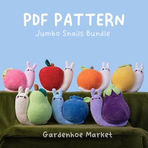 Jumbo Fruit Snails Bundle - 7 in einem PDF Häkelanleitungspaket mit gehäkelten Kissenschnecken