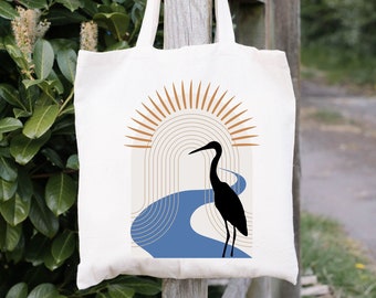 Blue Heron, River Crane Cotton Canvas Tote Bag, Crane Bird Print, Modern Art Bird Bag