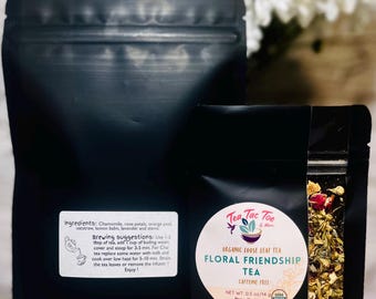 BLUMENFREUNDSCHAFTSTEE – Bio-Kamille & Rose, loser Kräutertee – Geschenk für die beste Freundin – 0,5 – 3 oz – Inklusive Öko-Teebeutel.