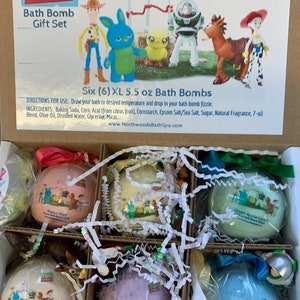 May include: A box of six large bath bombs with Toy Story characters on the labels. The bath bombs are 5.5 ounces each and come in a variety of scents, including Melon Mist, Coconut Vanilla, Green Apple Candy, Grape, and Blue Raspberry Slush. The box also includes a small Toy Story figurine.