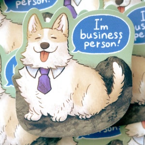 Pegatina: Corgi Business / pegatina de vinilo resistente al agua para ordenador portátil, bonito corgi con cola, divertido perro de trabajo con traje de negocios, regalo para amantes de los perros