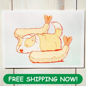 Corgi Risograph Print "3 Shrimps" | Funny Art Print of Corgi with Tail, Cute print for Corgi Gifts, Wall Art for Kitchen Art, Japanese Print