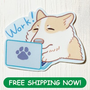 Autocollant : corgi qui travaille | Sticker imperméable en vinyle pour ordinateur portable, joli corgi d'affaires, sticker bleu mat, cadeau pour amoureux des chiens