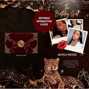 May include: An editable interactive e-vite featuring a dark red velvet envelope with a gold wax seal and leopard print trim. The design includes two polaroid-style photos of a person, a red lip print, a leopard illustration, and text reading The Birthday Girl, #KAYLA NICOLE, and A NEW ERA, SAME GIRL. CELEBRATING 21 YEARS OF GOOD PEOPLE, AND BIG DREAMS.