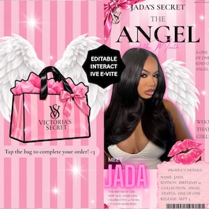 Op de afbeelding: Een bewerkbare digitale uitnodiging met een roze gestreepte achtergrond, witte engelvleugels en een Victoria's Secret tas. De tekst luidt Jada's Secret The Angel of the Month, Meet Jada, inclusief verjaardagsdetails.