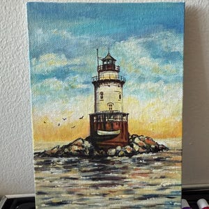 Original Acrylic Painting Stamford Harbor Ledge Lighthouse | 7×5″ Mini Canvas | Coastal Wall Art Gift