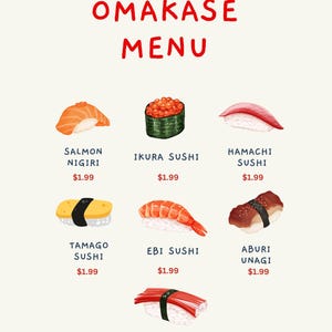Bearbeitbare Sushi-Menüvorlage - Omakase-Menü mit japanischem Thema für Restaurants, Partys und Veranstaltungen