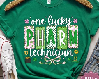 Pharm Tech St Patricks Day Shirt, Pharm Technician Shamrock Tshirt, One Lucky Pharmacy Tech Holiday Tee, Irish Preppy Healthcare Worker Top