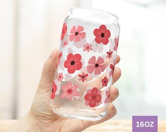 Red Flowers Glass Tumbler, Coral Floral Sipper Cup 16oz, Iced Coffee Cup with Lid and Straw, Cute Glass Can, Retro Libby Glass, Women Gift
